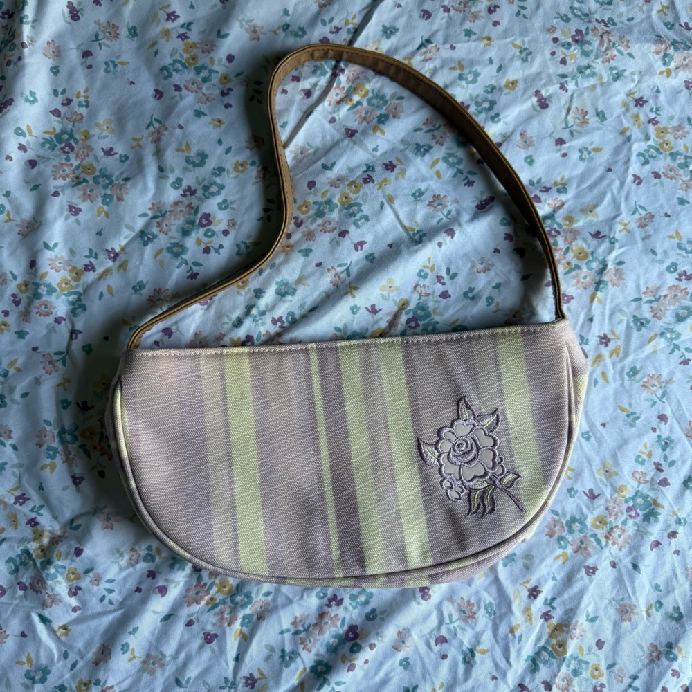 Vintage VS Striped Shoulder Bag with Floral Embroidery | Lavender & Cream